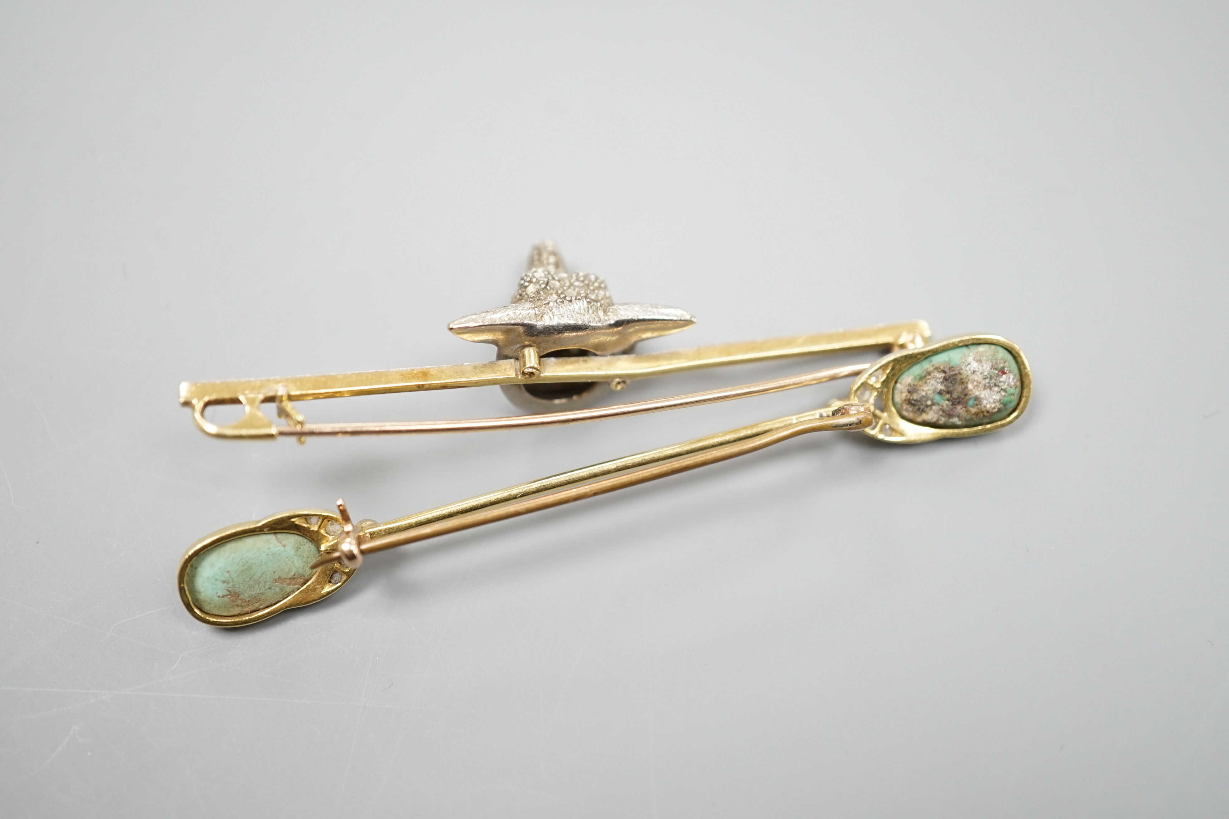 A yellow and white metal, rose cut diamond set fox head bar brooch, 62mm and a yellow metal, rose cut diamond and turquoise set bar brooch, gross weight 11.6 grams.